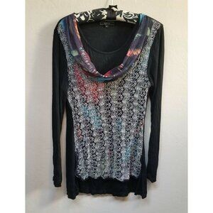 Cativa Womens Scarf Attached Blouse Top Small Drape Black Long Sleeve Casual